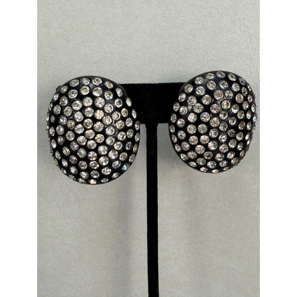 Vintage Lucite Rhinestone Clip Earrings Black Clear Crystal Retro Statement